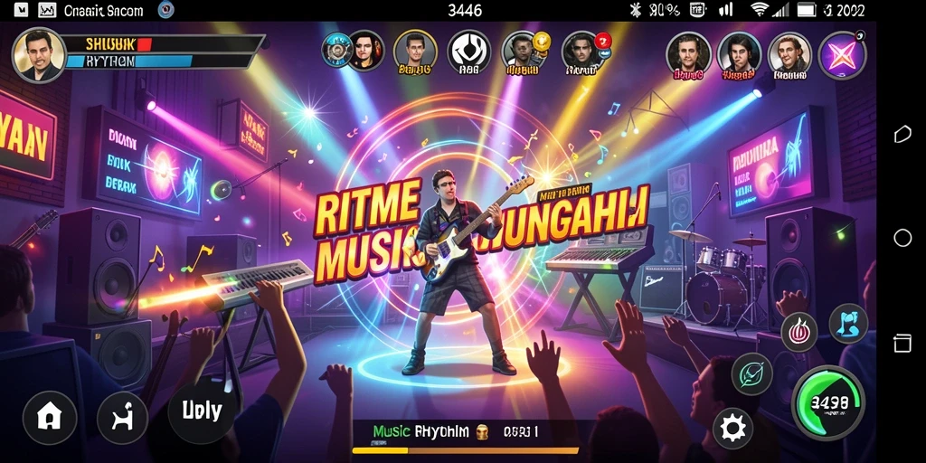 Antarmuka menampilkan permainan Musik Rhythm yang dinamis dan menarik.