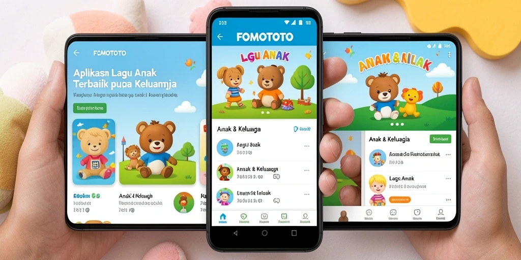 Tampilan antarmuka FOMOTOTO yang menarik dengan koleksi lagu anak.