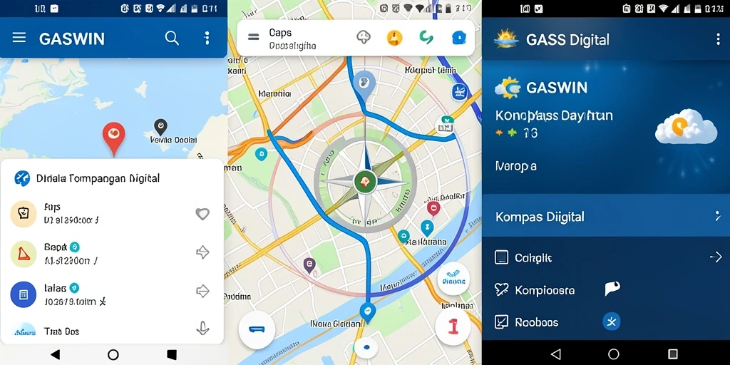 Antarmuka aplikasi GASWIN yang menunjukkan kompas digital yang akurat.