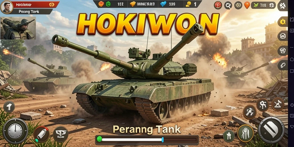 Tampilan antarmuka HOKIWON dengan desain tank dan medan perang yang menarik.