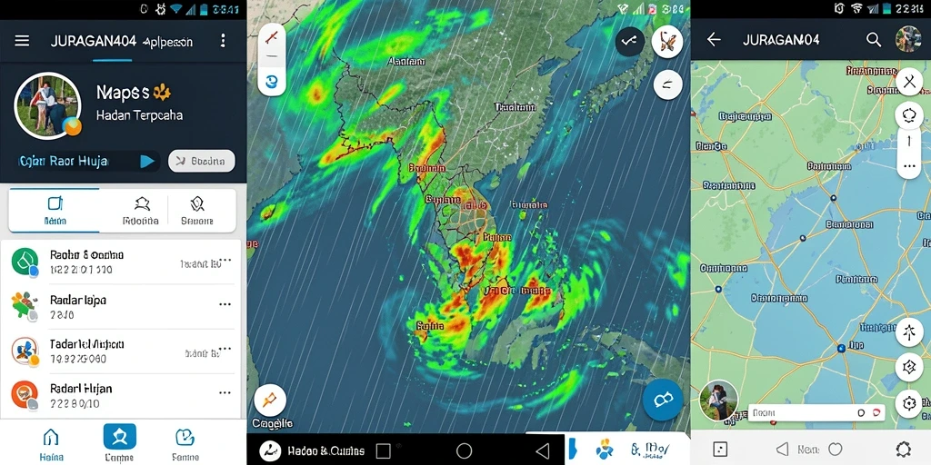 Tampilan antarmuka aplikasi JURAGAN404 menampilkan fungsi Radar Hujan secara jelas.
