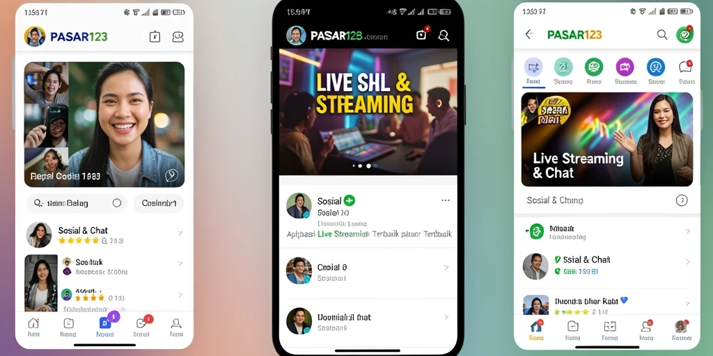 Screenshot aplikasi PASAR123 menunjukkan antarmuka user-friendly untuk live streaming.
