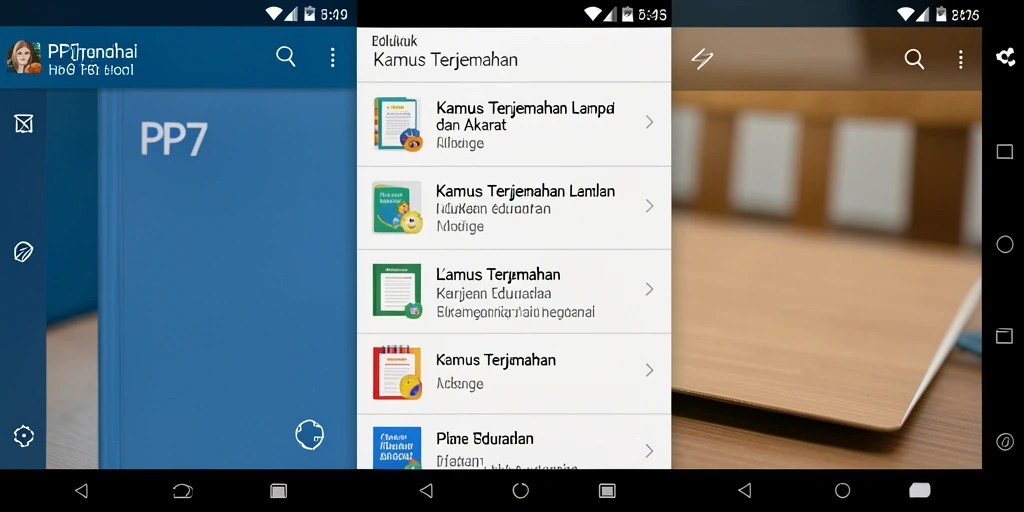 Tampilan antarmuka aplikasi Kamus Terjemahan PP7 yang menarik.